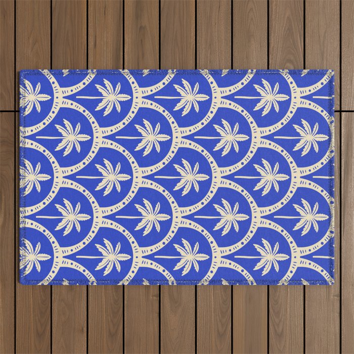 Vintage blue summer palm tree art pattern Outdoor Rug Gallery Image 1