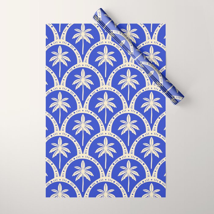 Vintage blue summer palm tree art pattern Wrapping Paper Gallery Image 1