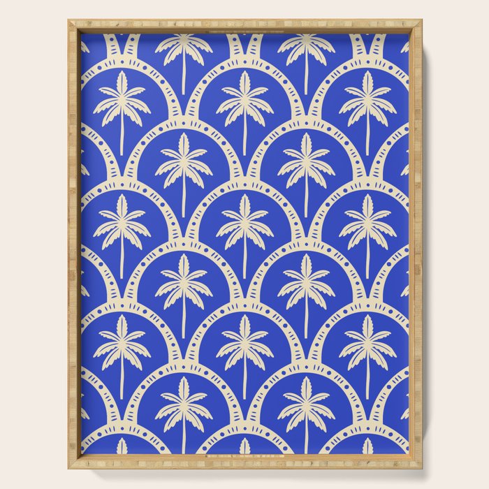 Vintage blue summer palm tree art pattern Serving Tray Gallery Image 1