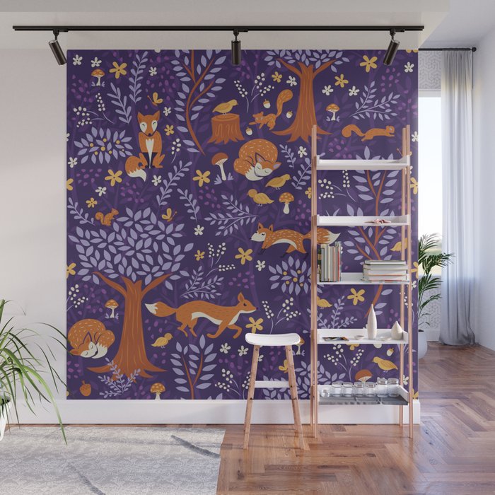 Foxes Playing in a Purple Forest Wall Mural Gallery Image 1