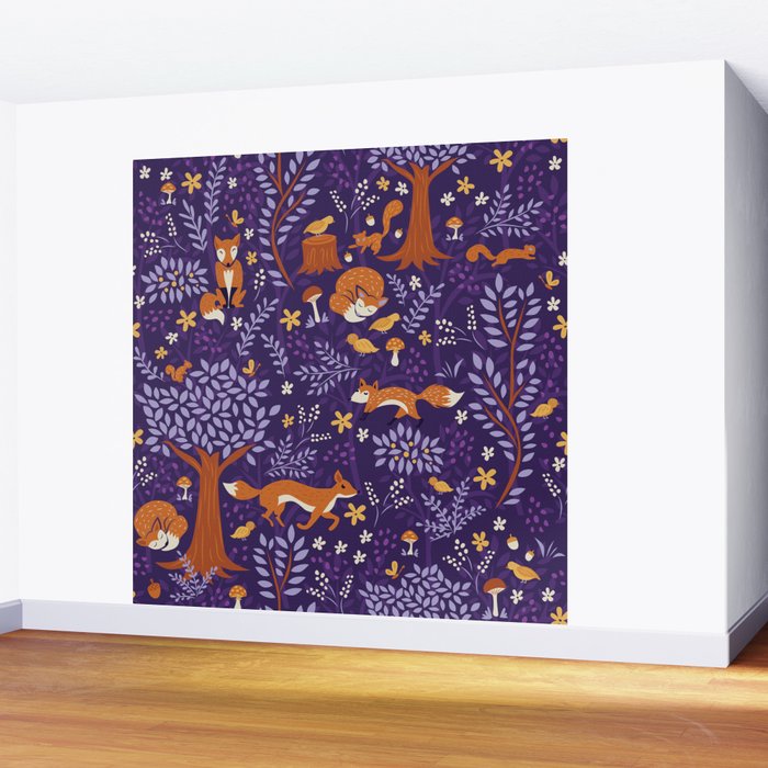 Foxes Playing in a Purple Forest Wall Mural Gallery Image 2