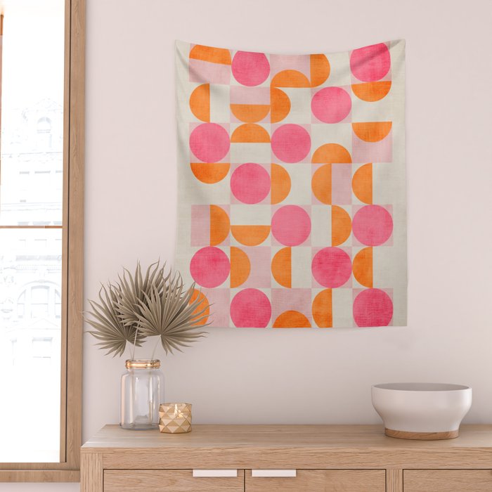 Pink Orange Modern Geometric Artwork Wall Tapestry Gallery Image 2