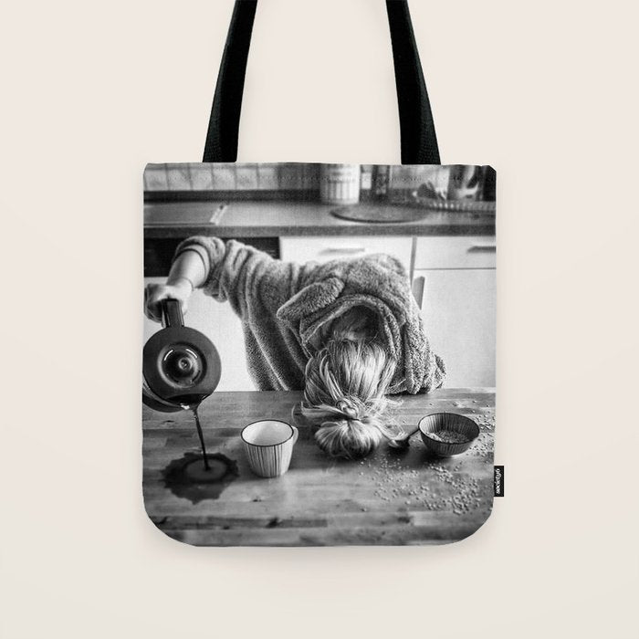 First I Drink the Coffee, Then I do the Stuff - hangover black and white photograph / photography Tote Bag Gallery Image 1