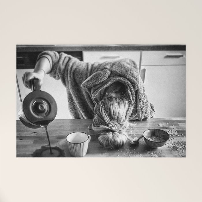 First I Drink the Coffee, Then I do the Stuff - hangover black and white photograph / photography Welcome Mat Gallery Image 1