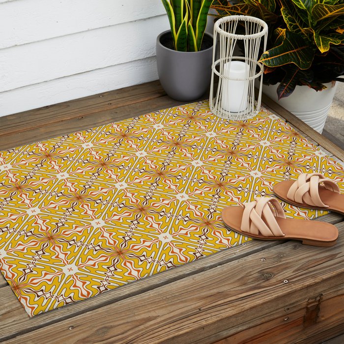 Murcia Retro Spanish Tile Pattern Mustard Yellow Brown Orange Cream 2 Outdoor Rug Gallery Image 2