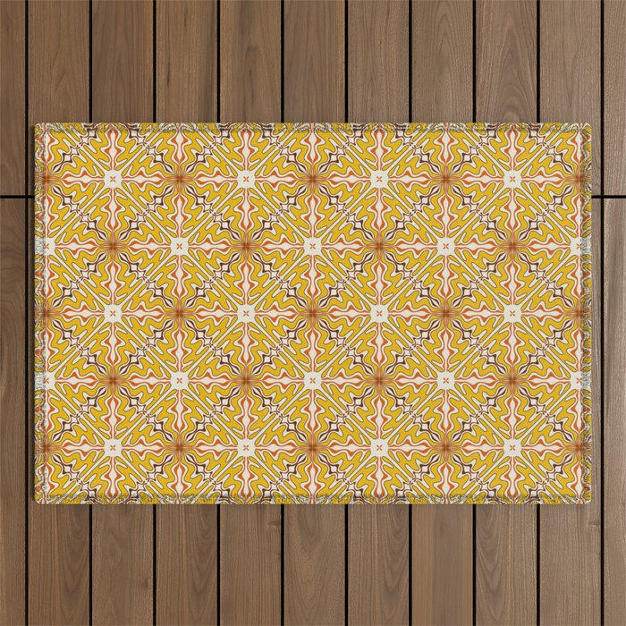 Murcia Retro Spanish Tile Pattern Mustard Yellow Brown Orange Cream 2 Outdoor Rug Gallery Image 1