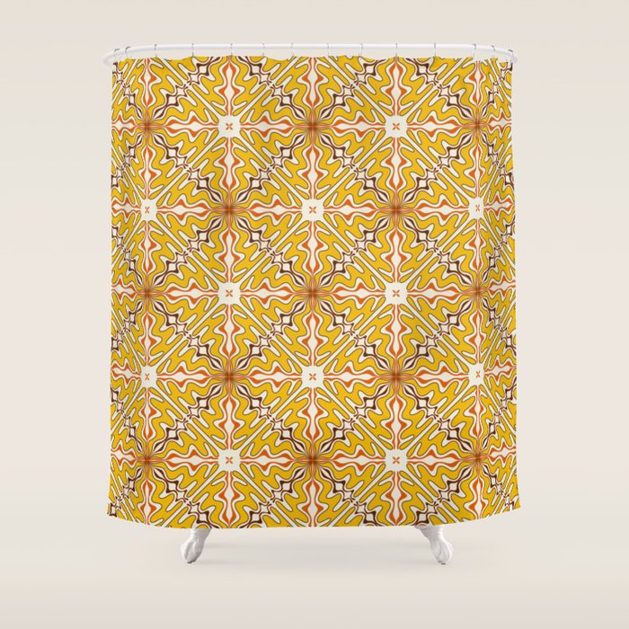 Murcia Retro Spanish Tile Pattern Mustard Yellow Brown Orange Cream 2 Shower Curtain Gallery Image 1