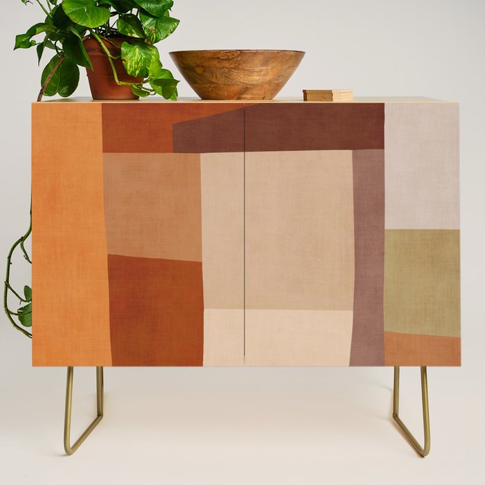 Brown Burnt Orange Beige Tones Green Abstract Art Credenza Gallery Image 1