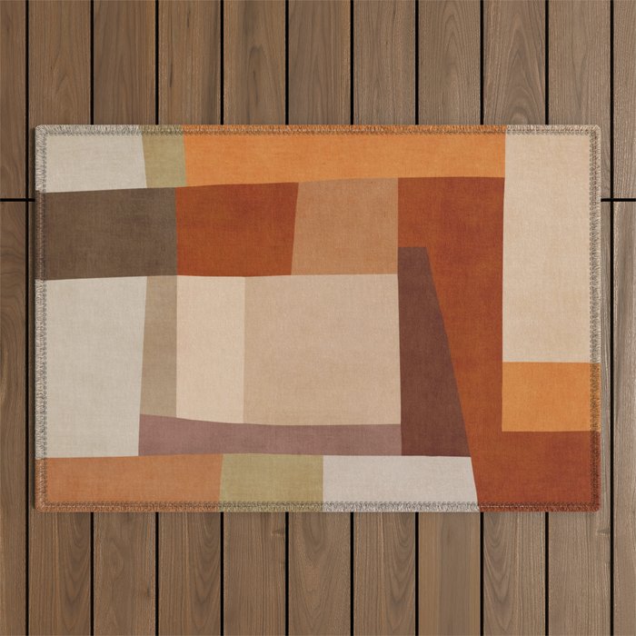 Brown Burnt Orange Beige Tones Green Abstract Art Outdoor Rug Gallery Image 1