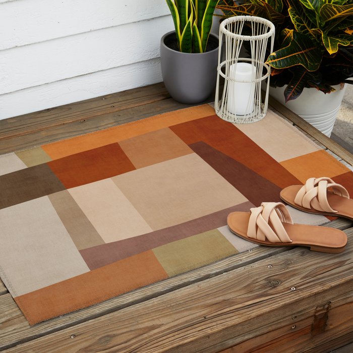 Brown Burnt Orange Beige Tones Green Abstract Art Outdoor Rug Gallery Image 2
