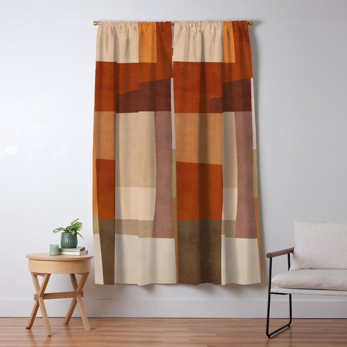 Brown Burnt Orange Beige Tones Green Abstract Art Window Curtain Gallery Image 5