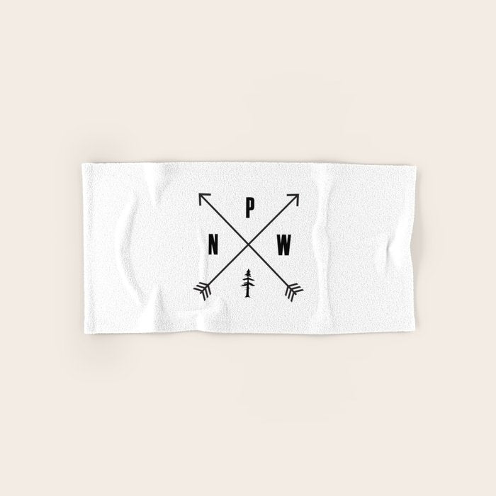 PNW Pacific Northwest Compass - Black on White Minimal Bath Towel Gallery Image 1