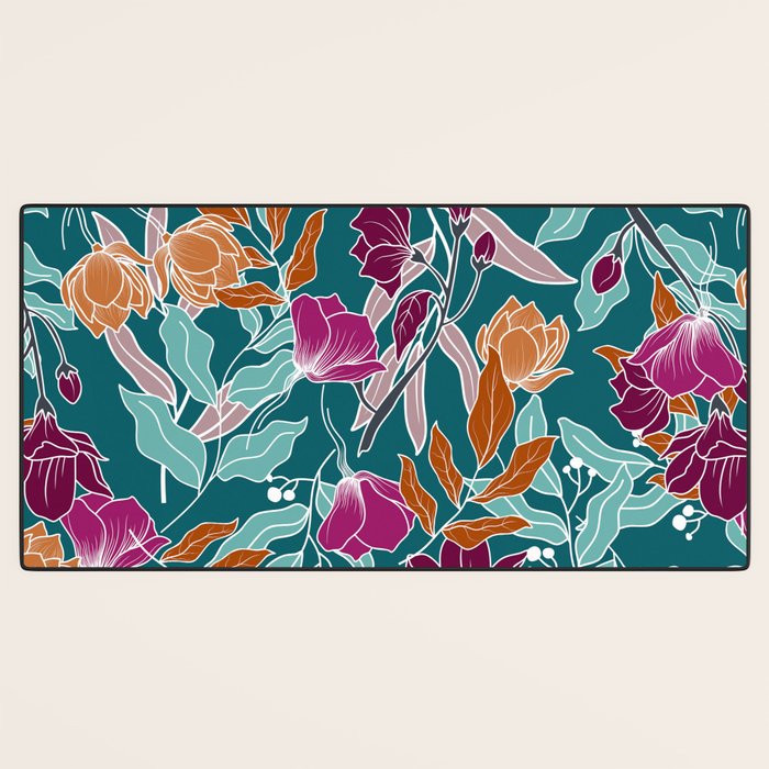 Colorful Floral Jungle, Green, Teal, Magenta and Orange, Flower Prints Desk Mat Gallery Image 3