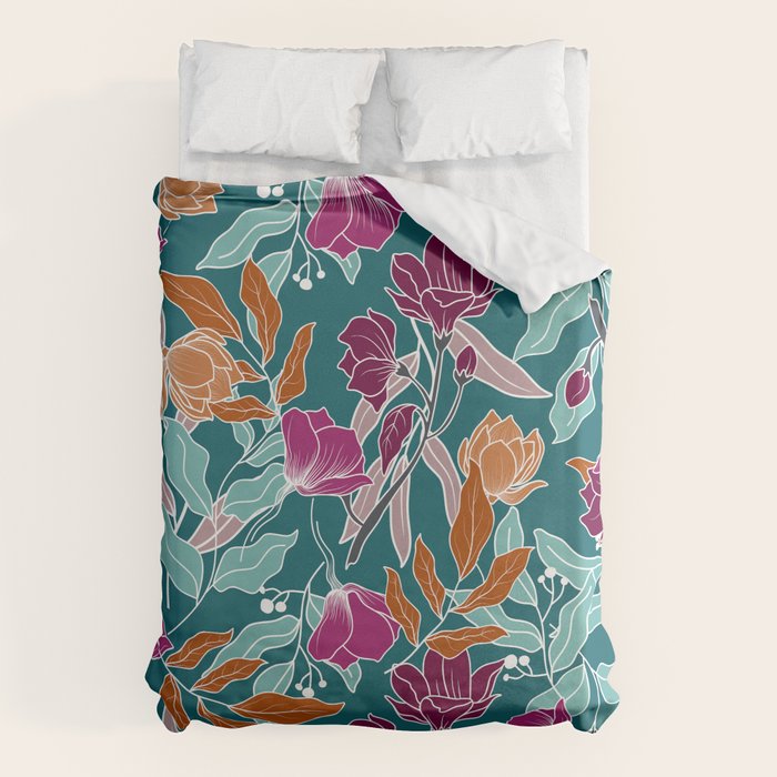 Colorful Floral Jungle, Green, Teal, Magenta and Orange, Flower Prints Duvet Cover Gallery Image 1
