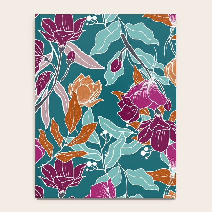 Colorful Floral Jungle, Green, Teal, Magenta and Orange, Flower Prints Notebook Gallery Image 4