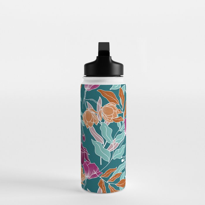 Colorful Floral Jungle, Green, Teal, Magenta and Orange, Flower Prints Water Bottle Gallery Image 3