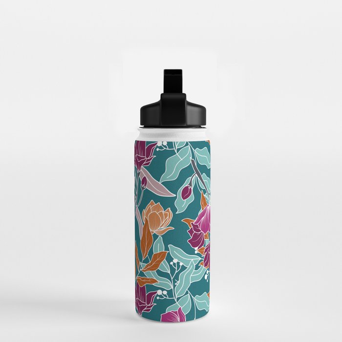 Colorful Floral Jungle, Green, Teal, Magenta and Orange, Flower Prints Water Bottle Gallery Image 2