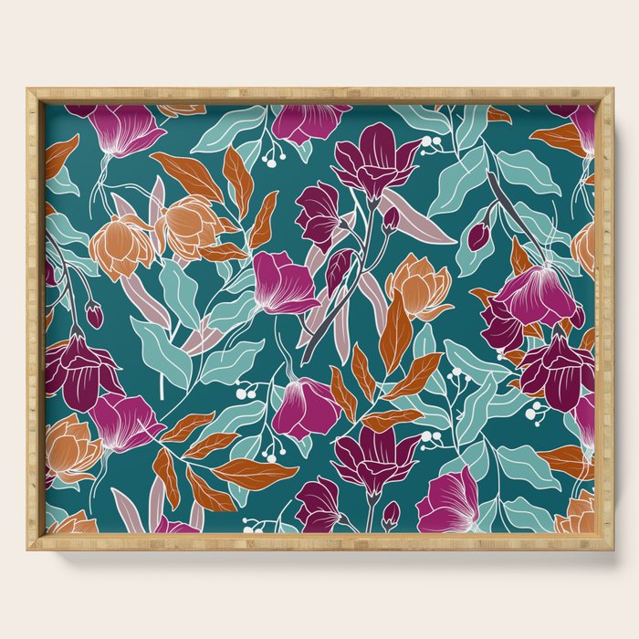 Colorful Floral Jungle, Green, Teal, Magenta and Orange, Flower Prints Serving Tray Gallery Image 1