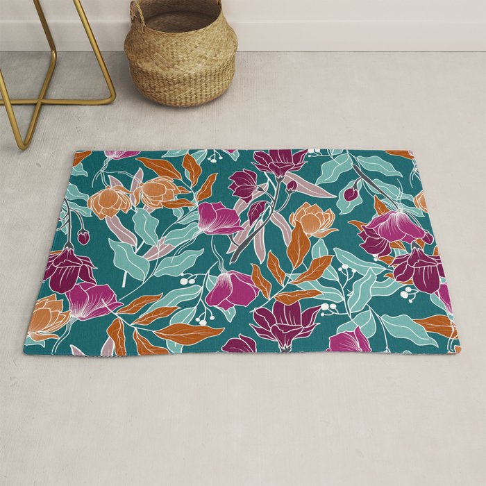Colorful Floral Jungle, Green, Teal, Magenta and Orange, Flower Prints Rug Gallery Image 1