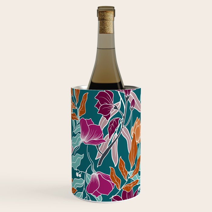 Colorful Floral Jungle, Green, Teal, Magenta and Orange, Flower Prints Wine Chiller Gallery Image 1