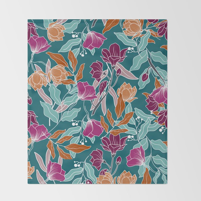 Colorful Floral Jungle, Green, Teal, Magenta and Orange, Flower Prints Throw Blanket Gallery Image 2