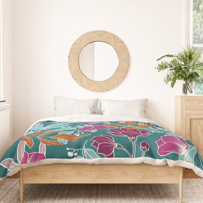 Colorful Floral Jungle, Green, Teal, Magenta and Orange, Flower Prints Duvet Cover Gallery Image 3