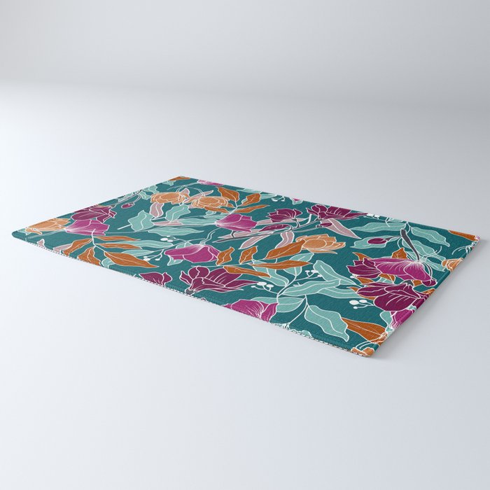 Colorful Floral Jungle, Green, Teal, Magenta and Orange, Flower Prints Rug Gallery Image 3
