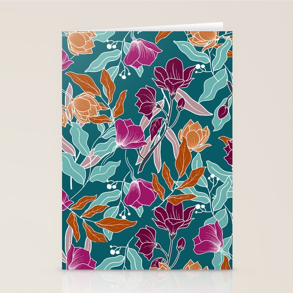 Colorful Floral Jungle, Green, Teal, Magenta and Orange, Flower Prints Stationery Card Gallery Image 2