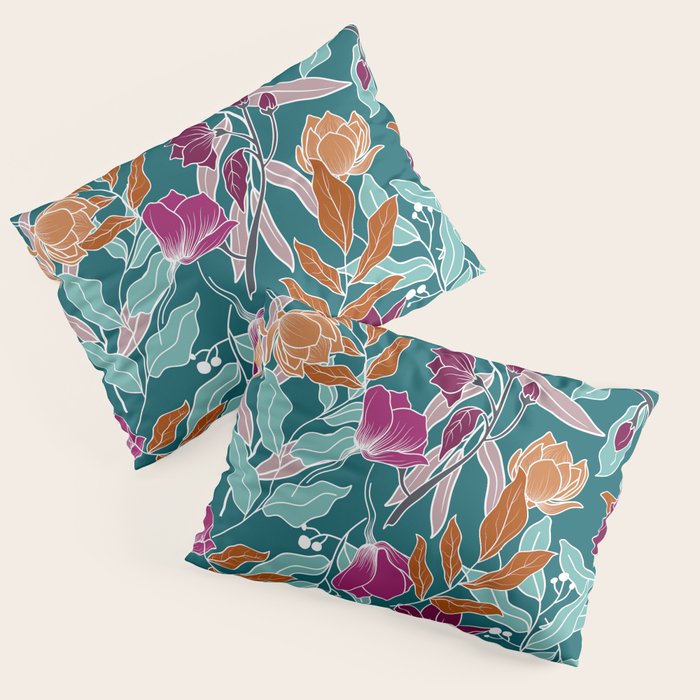 Colorful Floral Jungle, Green, Teal, Magenta and Orange, Flower Prints Pillow Sham Gallery Image 1