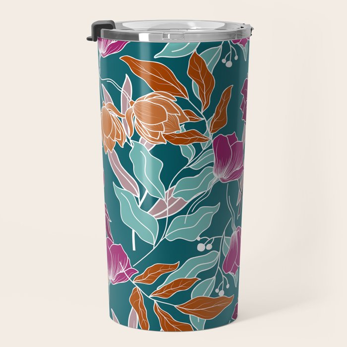Colorful Floral Jungle, Green, Teal, Magenta and Orange, Flower Prints Travel Mug Gallery Image 3