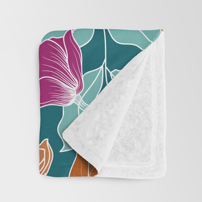 Colorful Floral Jungle, Green, Teal, Magenta and Orange, Flower Prints Throw Blanket Gallery Image 3