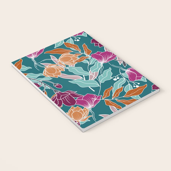 Colorful Floral Jungle, Green, Teal, Magenta and Orange, Flower Prints Notebook Gallery Image 3