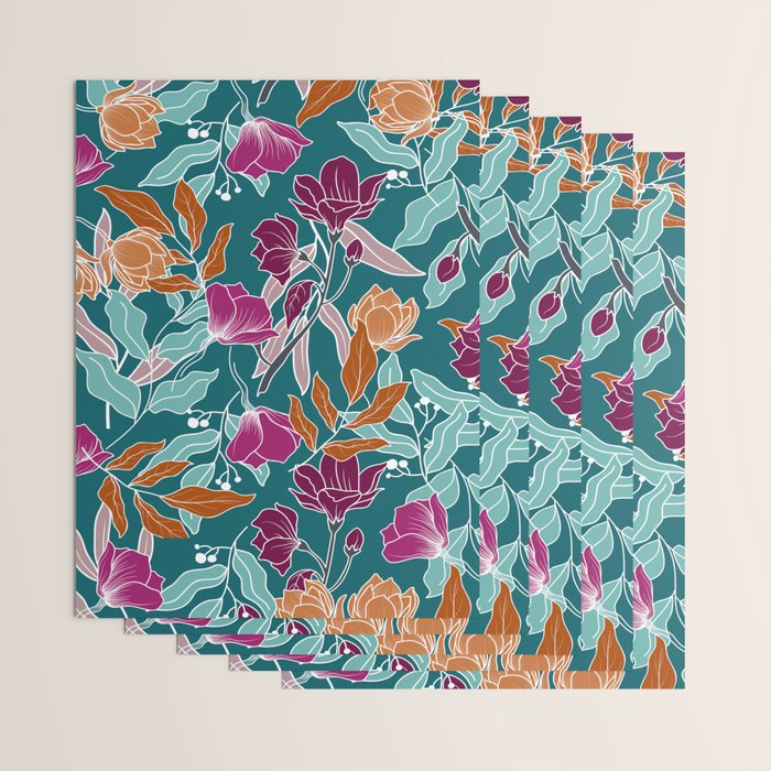 Colorful Floral Jungle, Green, Teal, Magenta and Orange, Flower Prints Wrapping Paper Gallery Image 3