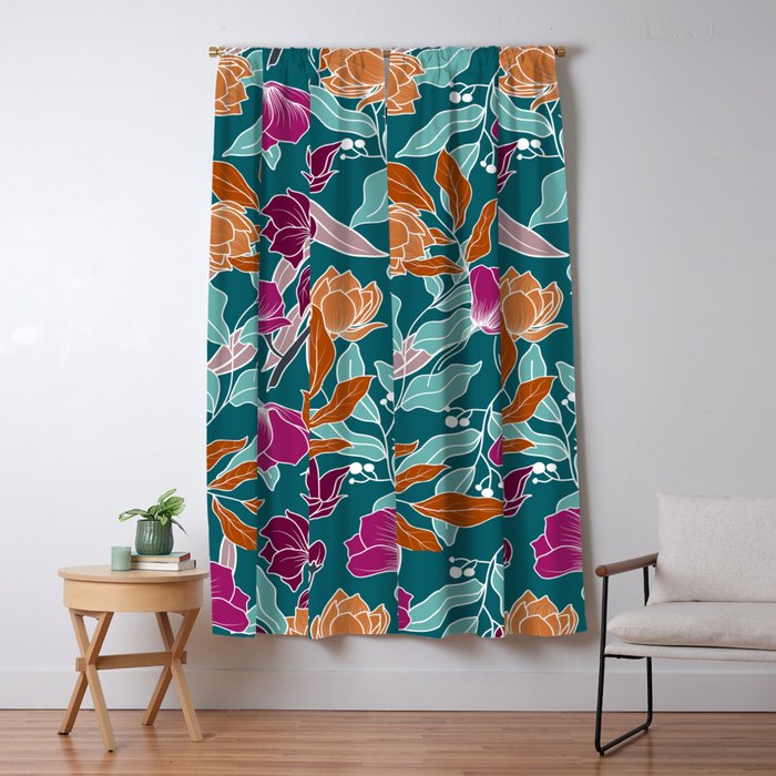 Colorful Floral Jungle, Green, Teal, Magenta and Orange, Flower Prints Window Curtain Gallery Image 1