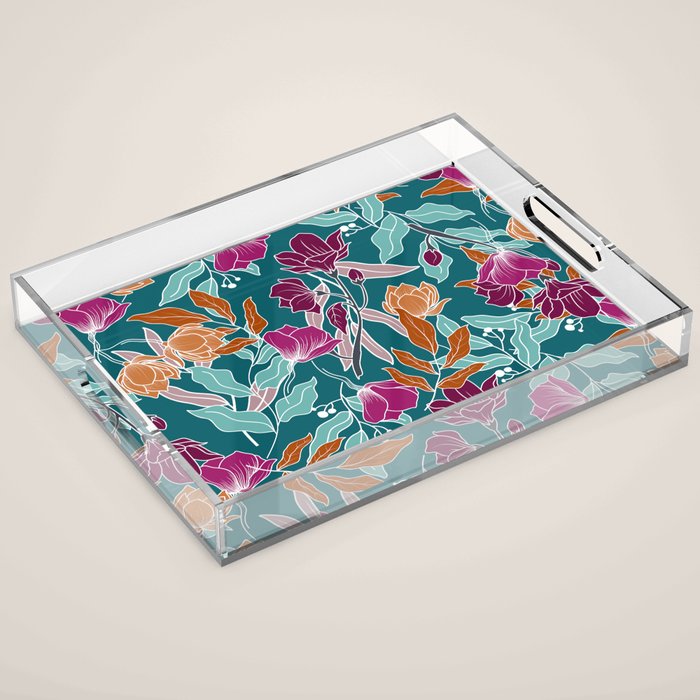 Colorful Floral Jungle, Green, Teal, Magenta and Orange, Flower Prints Acrylic Tray Gallery Image 1