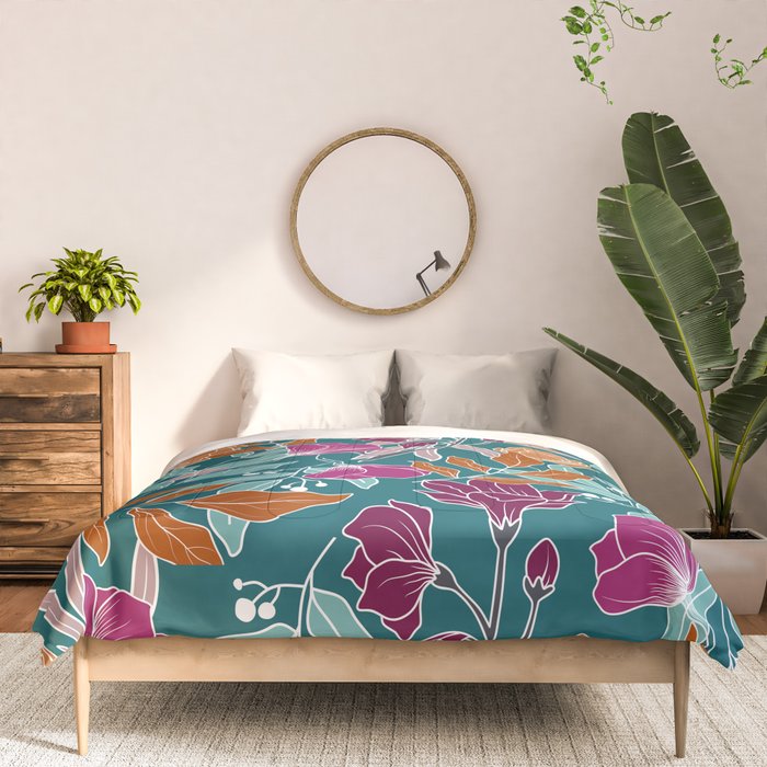 Colorful Floral Jungle, Green, Teal, Magenta and Orange, Flower Prints Comforter Gallery Image 3