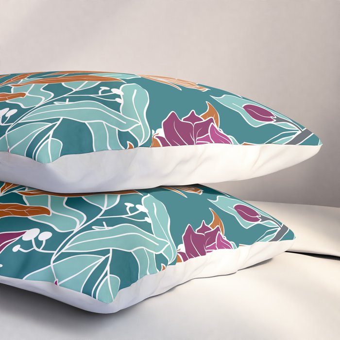 Colorful Floral Jungle, Green, Teal, Magenta and Orange, Flower Prints Pillow Sham Gallery Image 3