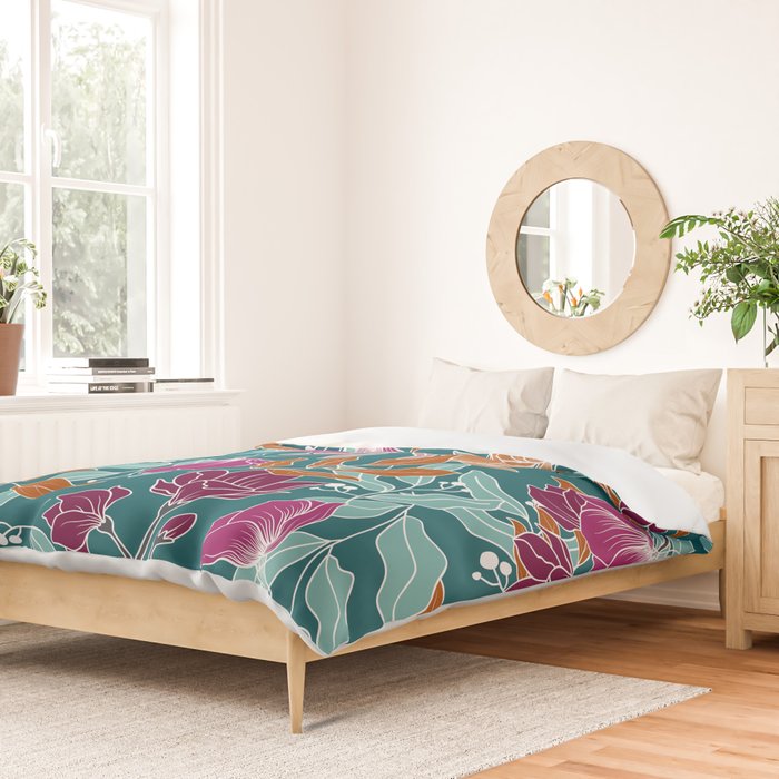 Colorful Floral Jungle, Green, Teal, Magenta and Orange, Flower Prints Duvet Cover Gallery Image 2
