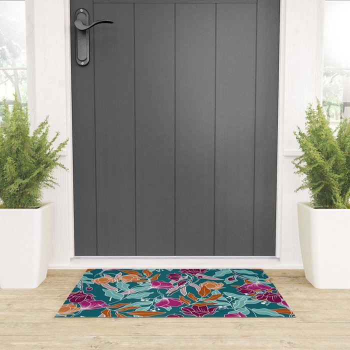 Colorful Floral Jungle, Green, Teal, Magenta and Orange, Flower Prints Welcome Mat Gallery Image 3