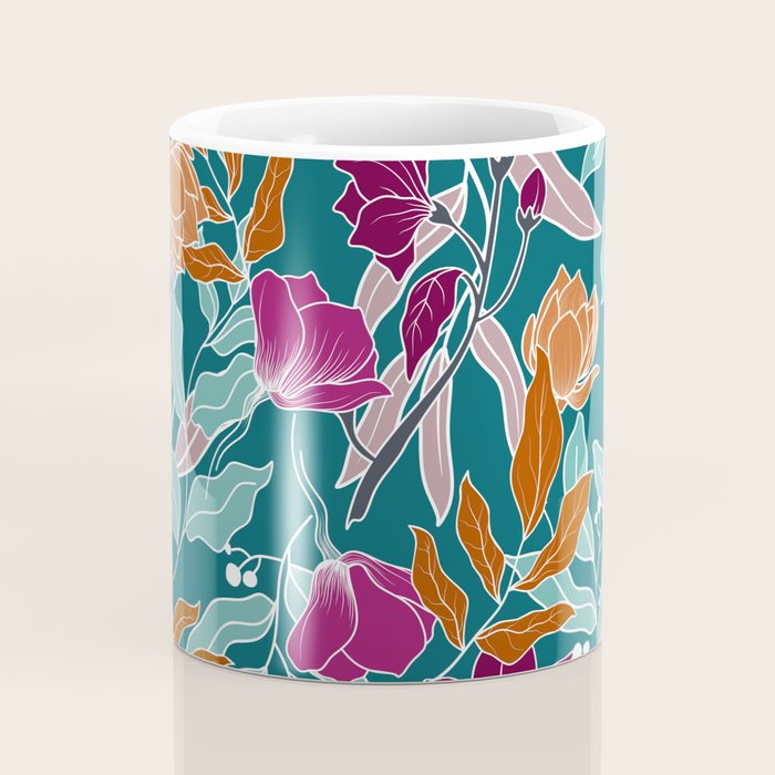 Colorful Floral Jungle, Green, Teal, Magenta and Orange, Flower Prints Coffee Mug Gallery Image 4