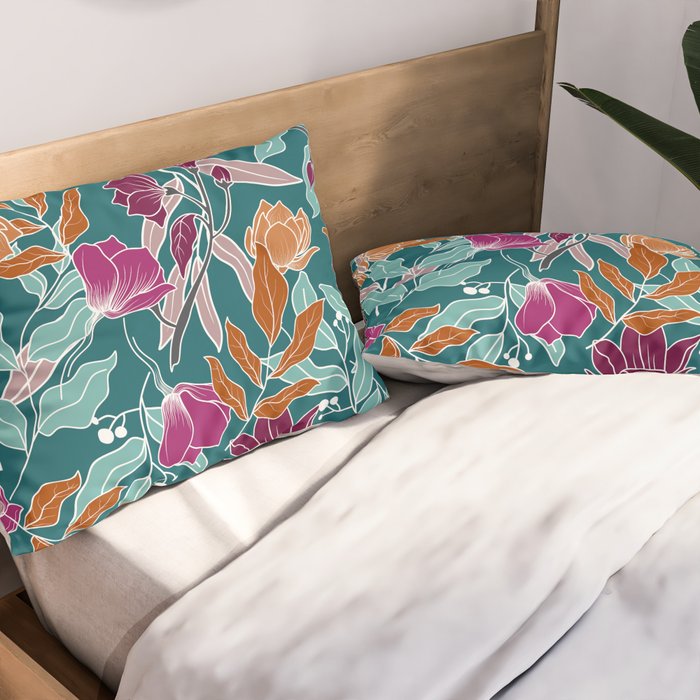 Colorful Floral Jungle, Green, Teal, Magenta and Orange, Flower Prints Pillow Sham Gallery Image 2