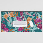 Colorful Floral Jungle, Green, Teal, Magenta and Orange, Flower Prints Desk Mat Gallery Image 1