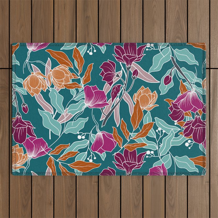 Colorful Floral Jungle, Green, Teal, Magenta and Orange, Flower Prints Outdoor Rug Gallery Image 1