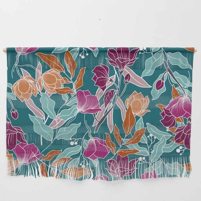 Colorful Floral Jungle, Green, Teal, Magenta and Orange, Flower Prints Wall Hanging Gallery Image 1