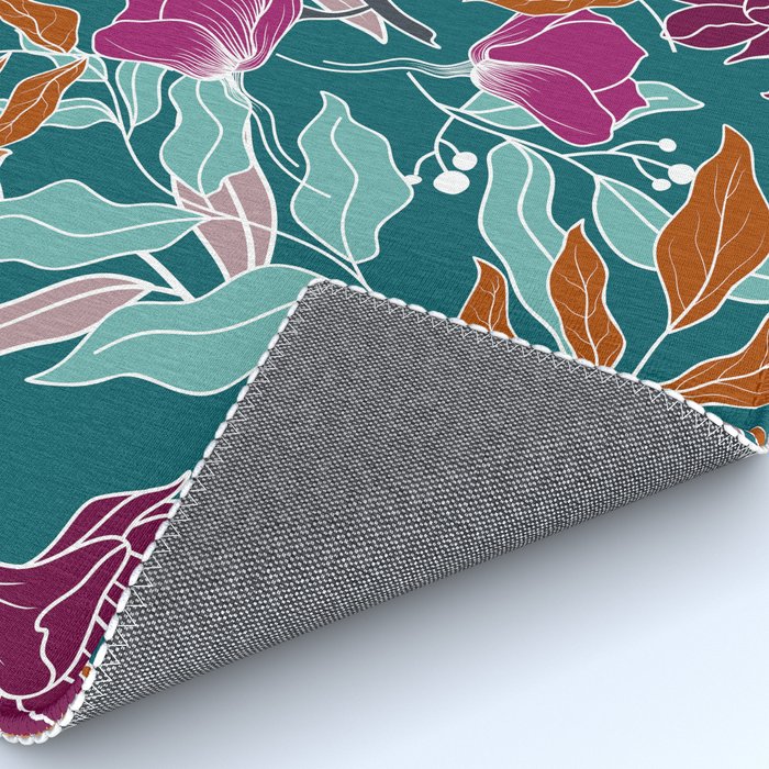Colorful Floral Jungle, Green, Teal, Magenta and Orange, Flower Prints Rug Gallery Image 4