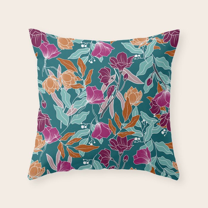 Colorful Floral Jungle, Green, Teal, Magenta and Orange, Flower Prints Throw Pillow Gallery Image 6