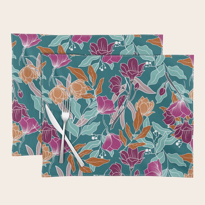 Colorful Floral Jungle, Green, Teal, Magenta and Orange, Flower Prints Placemat Gallery Image 1