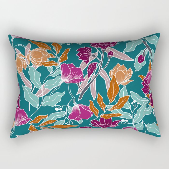 Colorful Floral Jungle, Green, Teal, Magenta and Orange, Flower Prints Rectangular Pillow Gallery Image 2