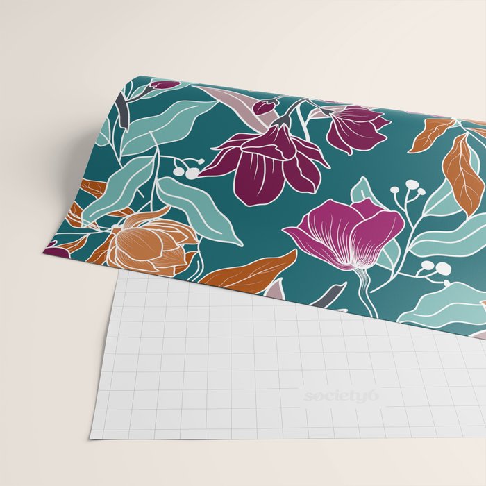Colorful Floral Jungle, Green, Teal, Magenta and Orange, Flower Prints Wrapping Paper Gallery Image 2