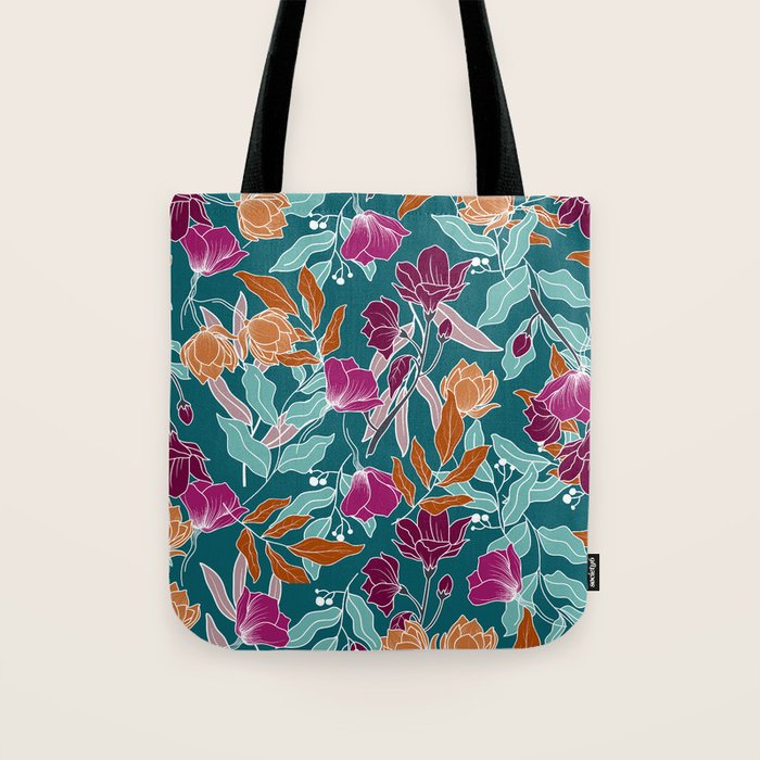 Colorful Floral Jungle, Green, Teal, Magenta and Orange, Flower Prints Tote Bag Gallery Image 1